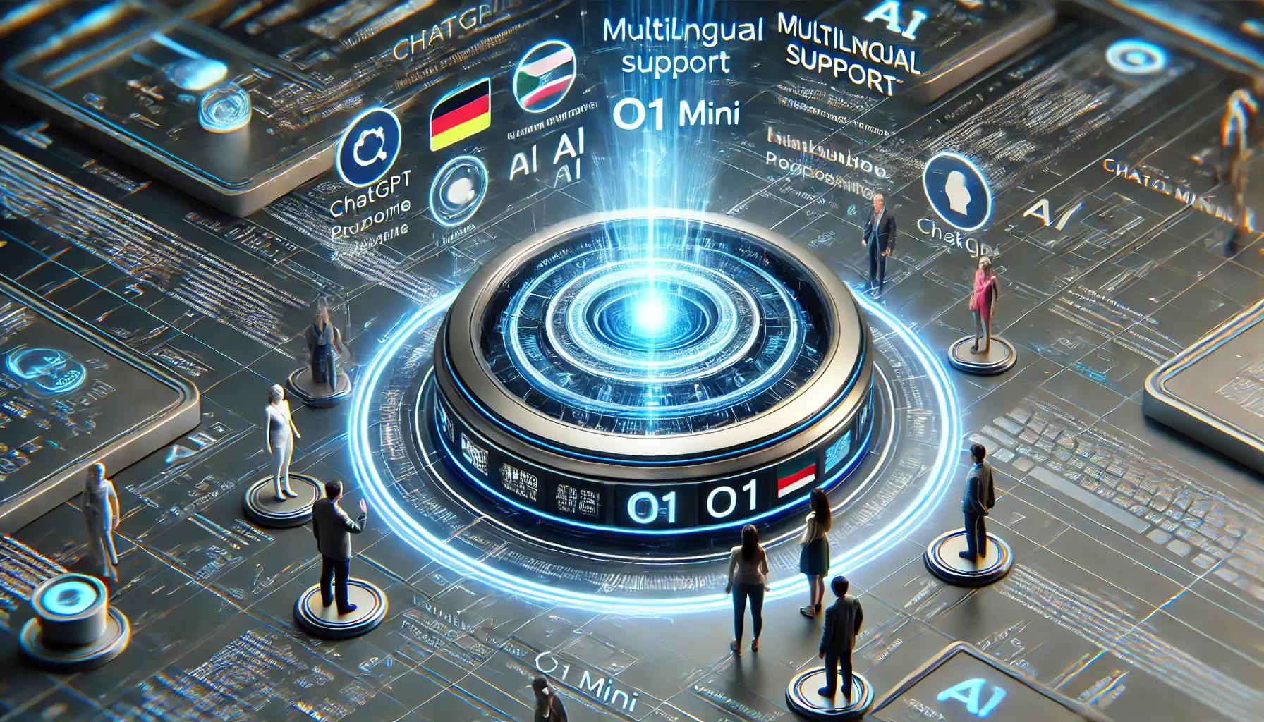 A futuristic digital scene depicting ChatGPT o1 Mini processing multilingual questions and providing answers in real-time.