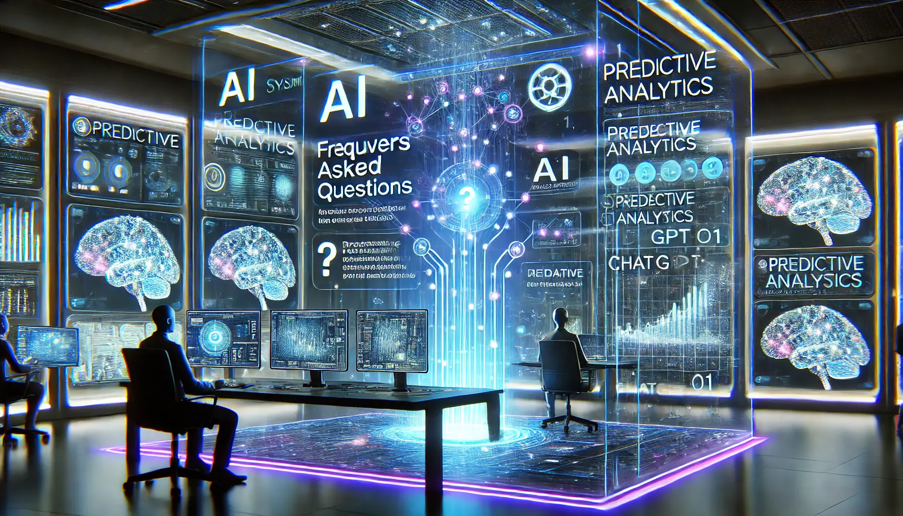 A futuristic AI system answering frequently asked questions related to predictive analytics with ChatGPT o1, featuring holographic displays and neural networks processing data.