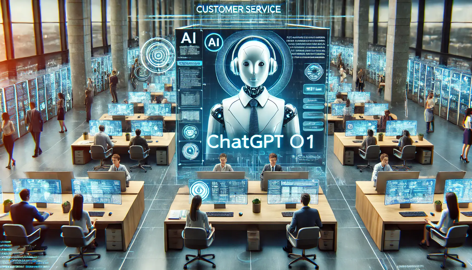 A modern customer service center where AI-powered ChatGPT o1 answers frequently asked questions from customers in real-time using interactive holographic displays.