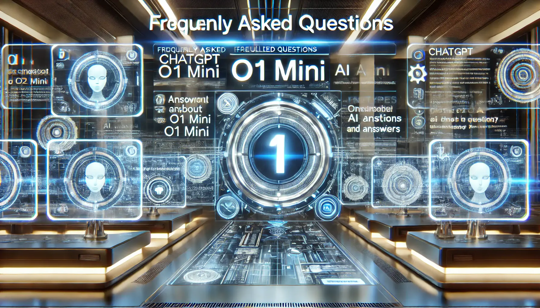 A high-tech digital environment symbolizing the FAQ section of ChatGPT o1 Mini, showing holographic screens with AI answering complex questions.