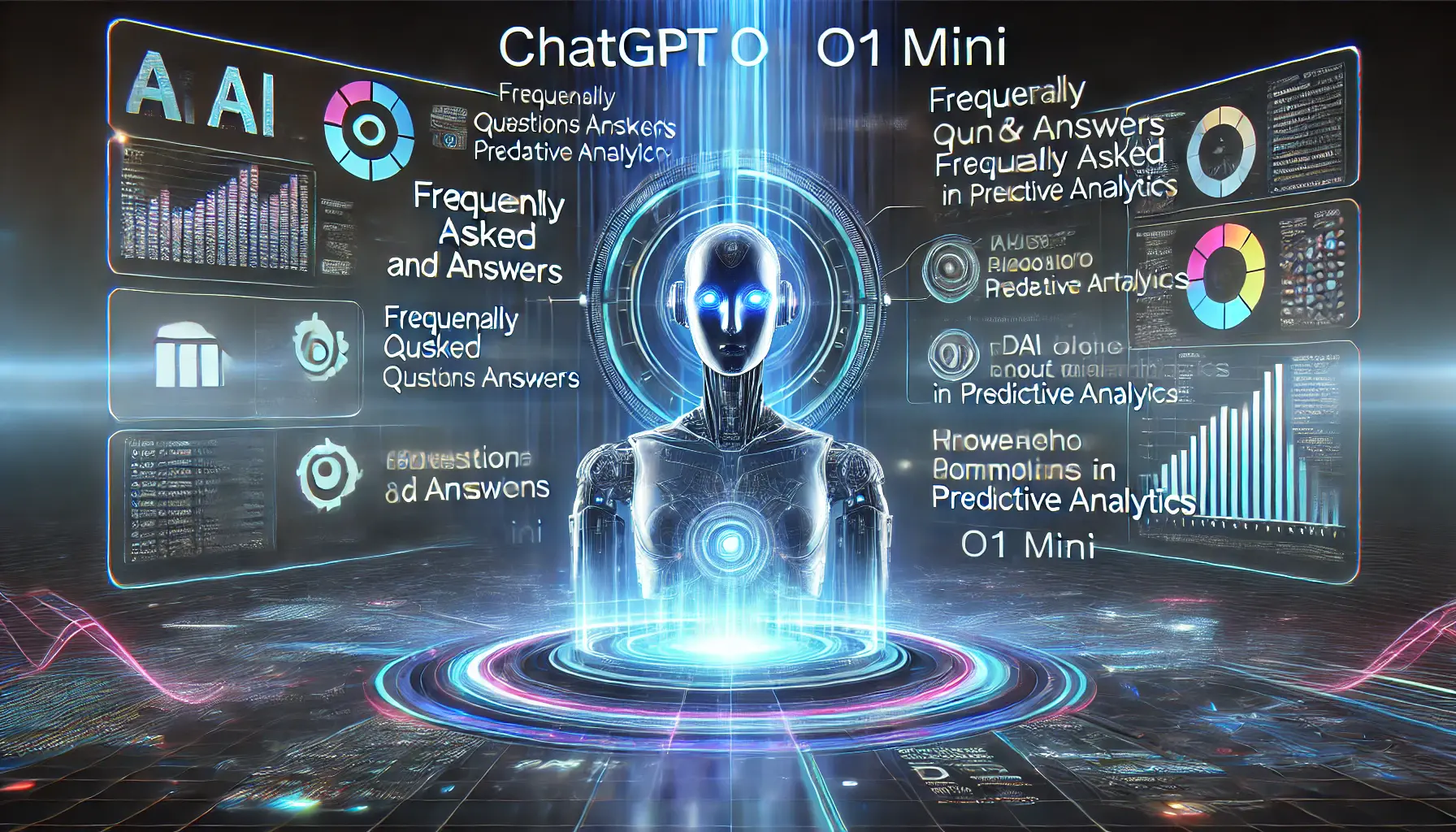 A futuristic AI system visualizing dynamic question-and-answer sequences related to ChatGPT o1 Mini and its predictive analytics capabilities.