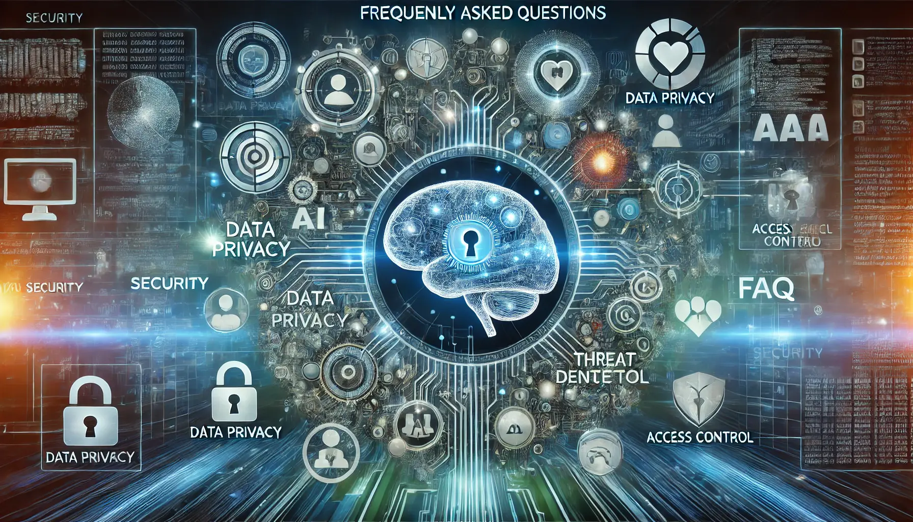 A digital concept featuring a central AI brain surrounded by security shields, encrypted data flows, and symbols of common security concerns.