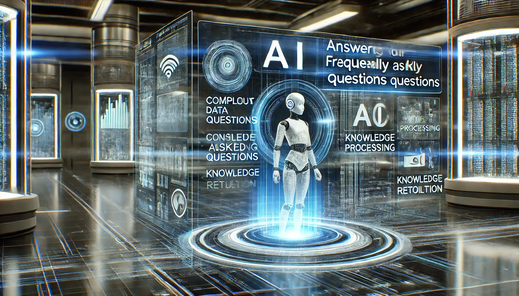 A high-tech futuristic environment showcasing an AI system answering frequently asked questions.