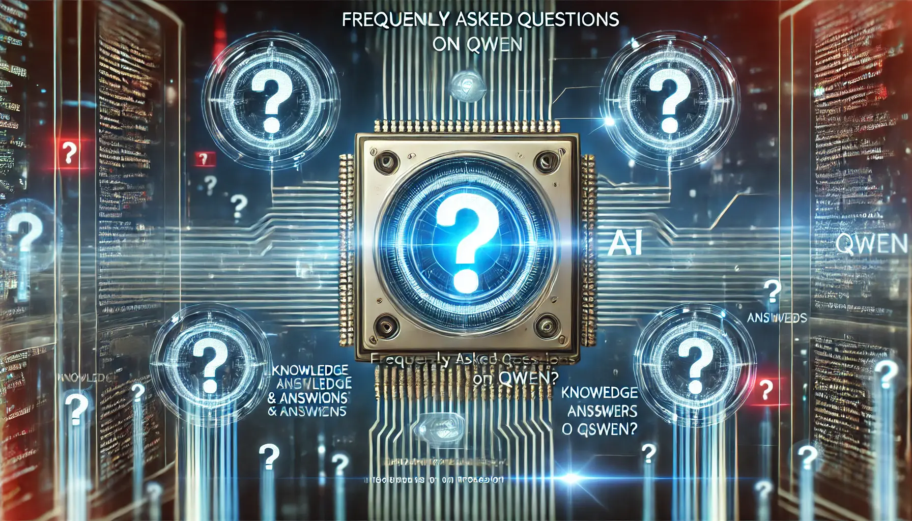 A futuristic visualization of frequently asked questions on Qwen, with an AI processor surrounded by holographic question marks and data streams.