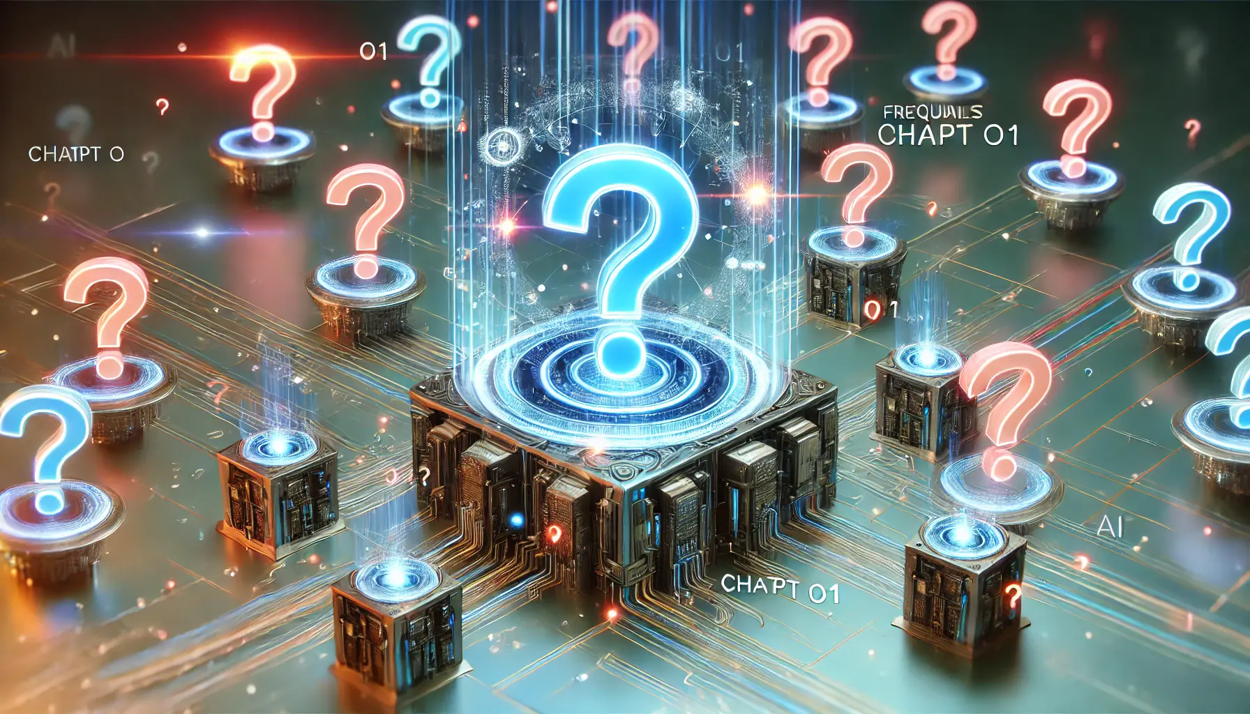 A futuristic AI system surrounded by holographic question marks, symbolizing curiosity and frequently asked questions about ChatGPT o1.