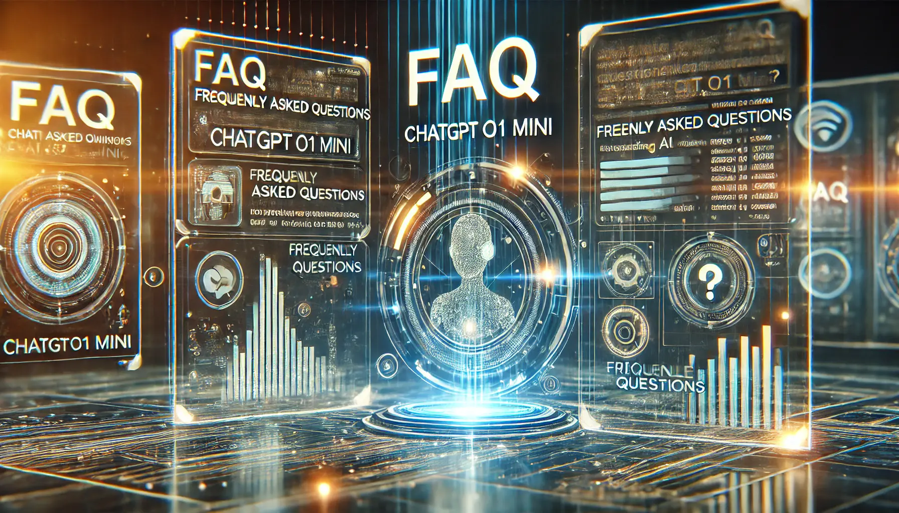 A futuristic digital interface showing holographic screens and data streams, symbolizing the concept of frequently asked questions about ChatGPT o1 Mini.