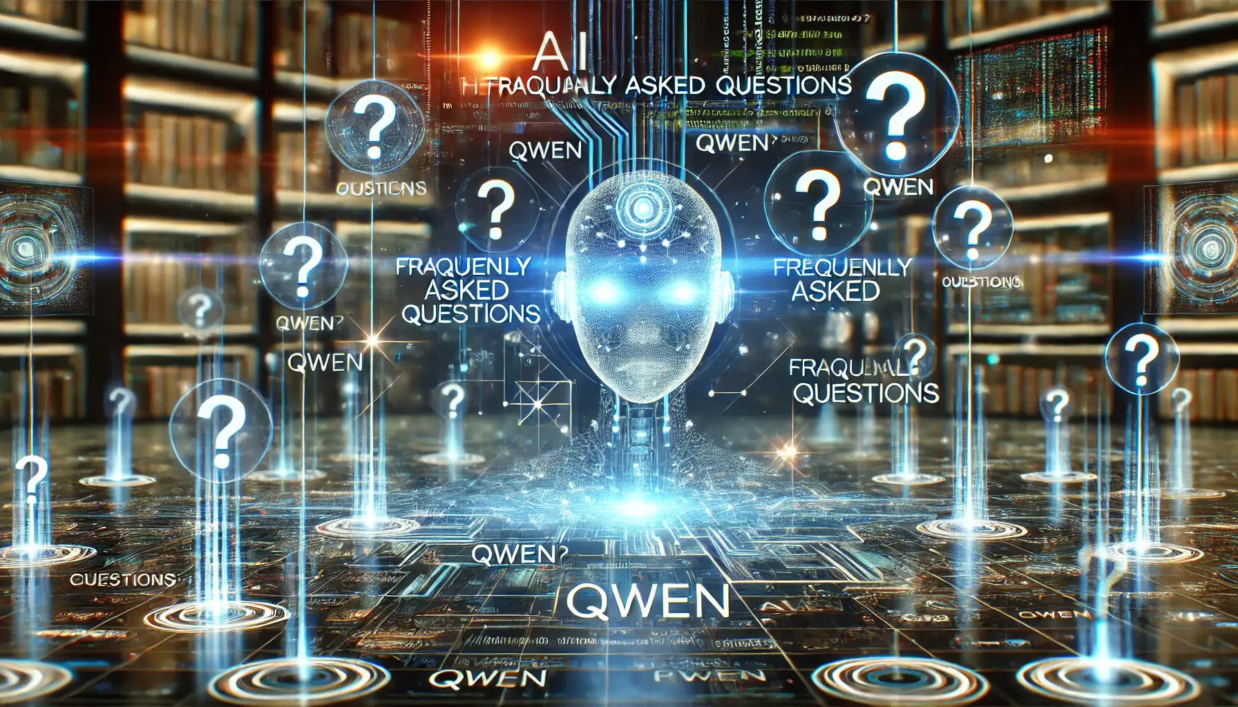 A futuristic digital environment showing AI analyzing frequently asked questions with glowing data streams and holographic interfaces.