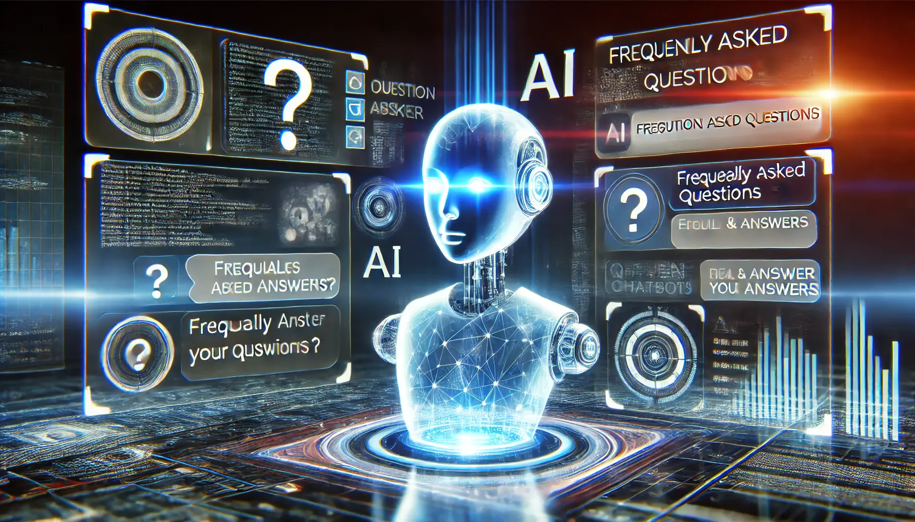 A Qwen-powered AI chatbot processing multiple frequently asked questions in a dynamic, interactive digital setting with glowing interfaces and real-time data streams.