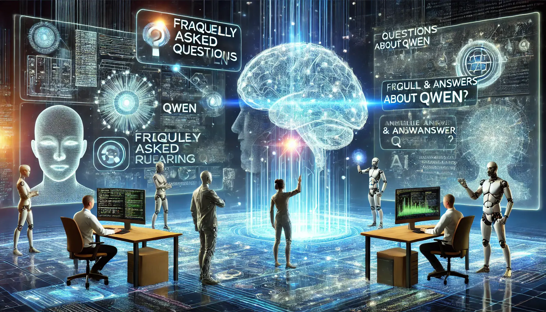 A high-tech AI research environment where researchers interact with AI systems analyzing and answering questions about Qwen. Holographic displays show questions being processed, and a glowing digital brain symbolizes Qwen’s knowledge.