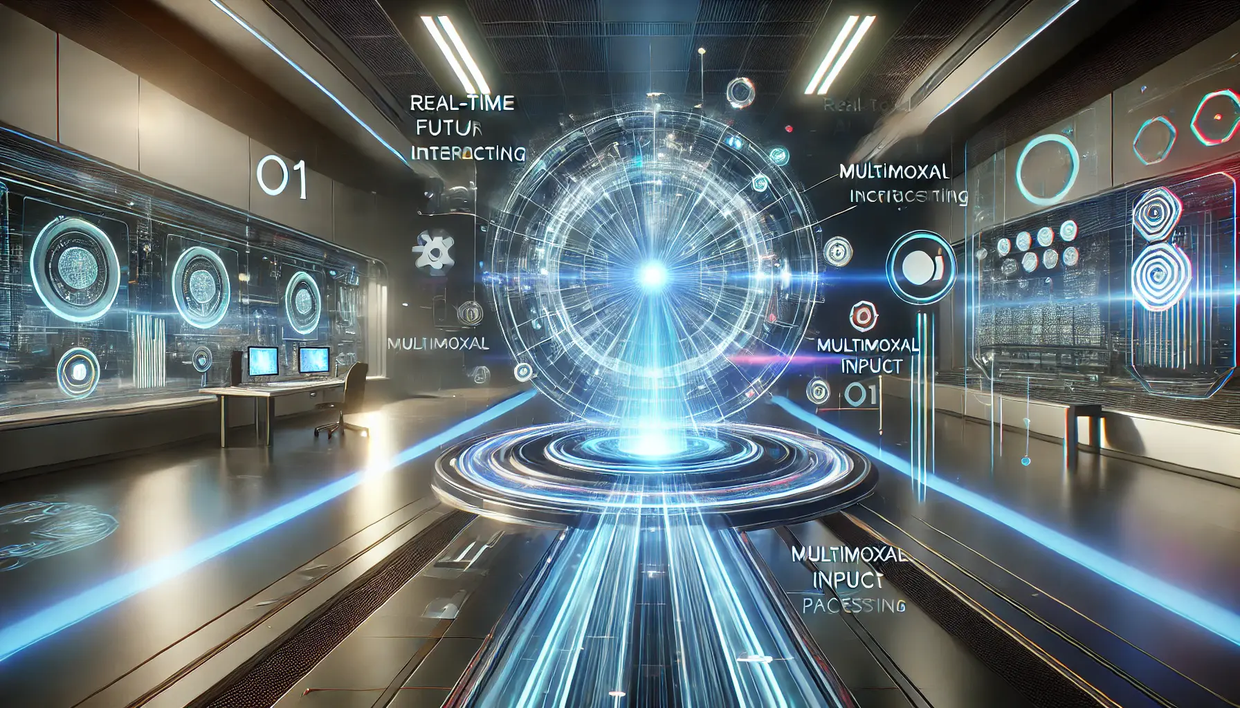 A high-tech holographic interface showcasing the future features and enhancements of AI systems like ChatGPT o1.