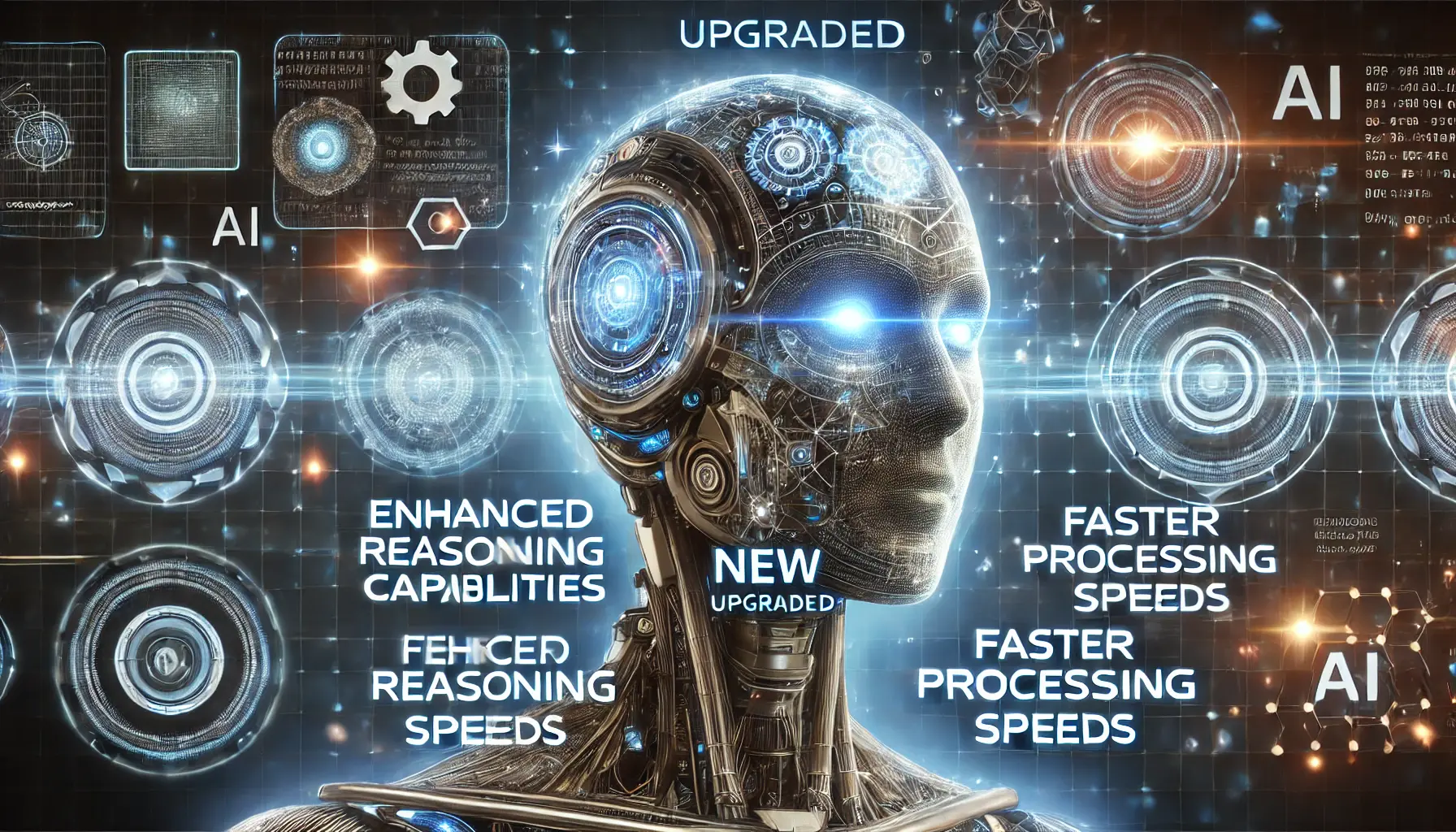 A futuristic AI system being upgraded with digital interfaces showing progress in enhanced reasoning capabilities, faster processing speeds, and increased accessibility.