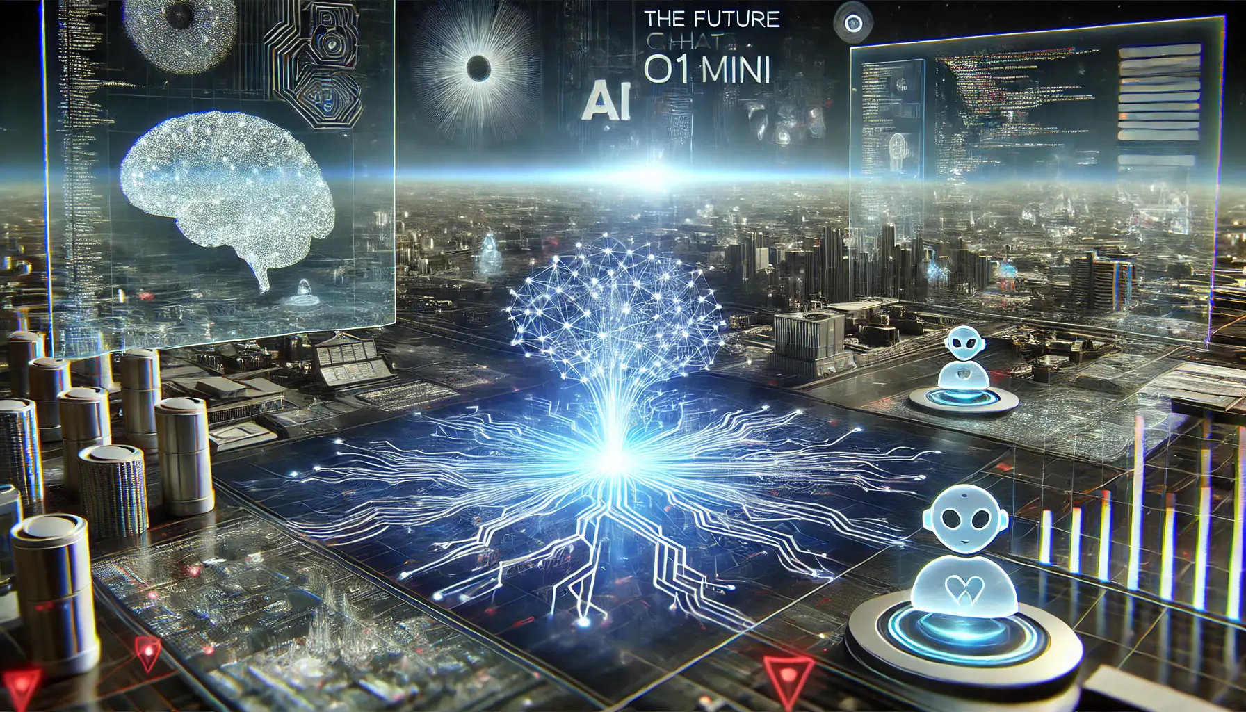 A futuristic digital landscape showing the future and impact of ChatGPT o1 Mini, with glowing neural networks and holographic applications in coding, research, and education.