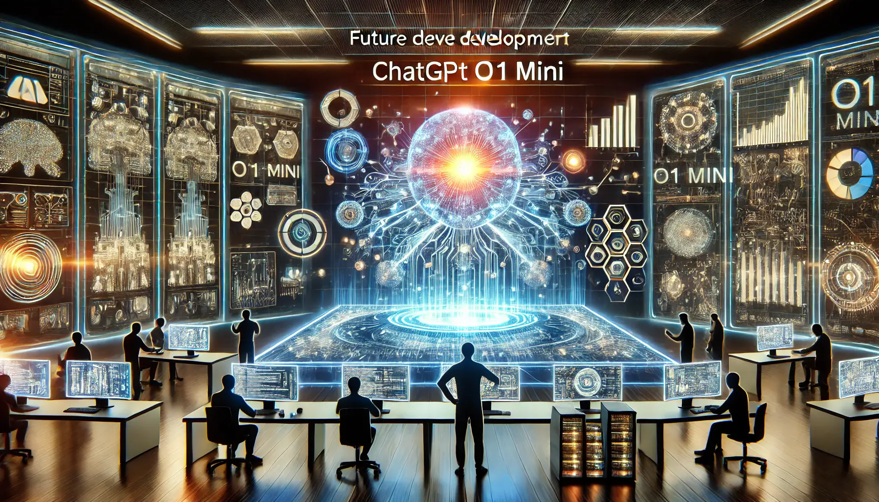 A futuristic digital workspace showcasing the future development of ChatGPT o1 Mini with evolving neural networks and algorithmic structures.