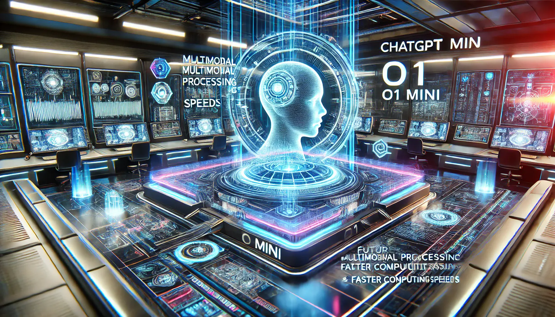 A futuristic AI lab showcasing the future capabilities of ChatGPT o1 Mini, including multimodal processing and enhanced reasoning.