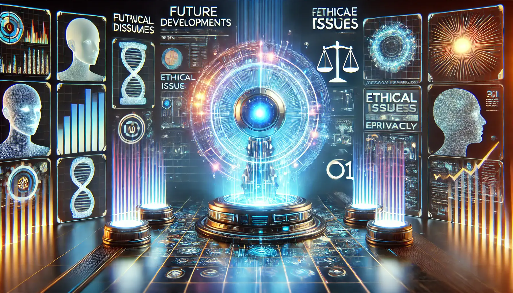 A futuristic AI core surrounded by holographic representations of both advancements and ethical issues, such as fairness and privacy.