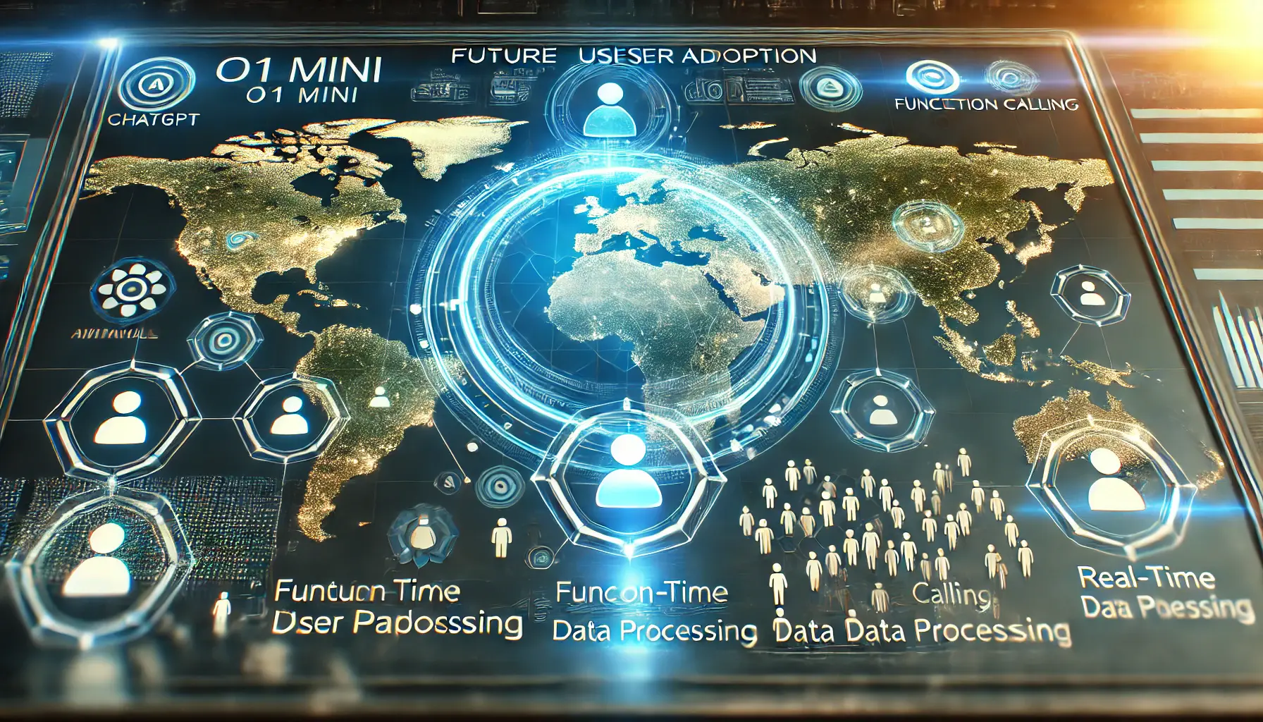 A futuristic digital interface showcasing the growth and global adoption of ChatGPT o1 Mini, with AI upgrades and expanding user circles.