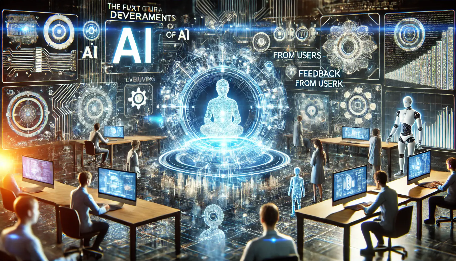 A futuristic AI lab where engineers are developing new AI tools, with glowing digital connections symbolizing user feedback.