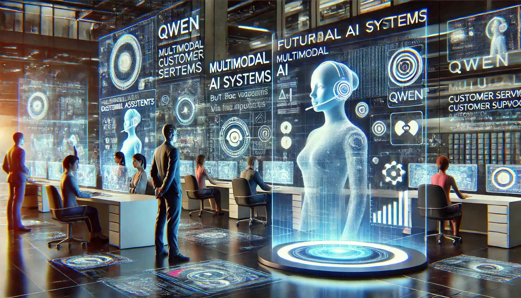 A futuristic customer service environment showcasing Qwen’s advancements in AI-driven automation, featuring multimodal AI systems and holographic interfaces.