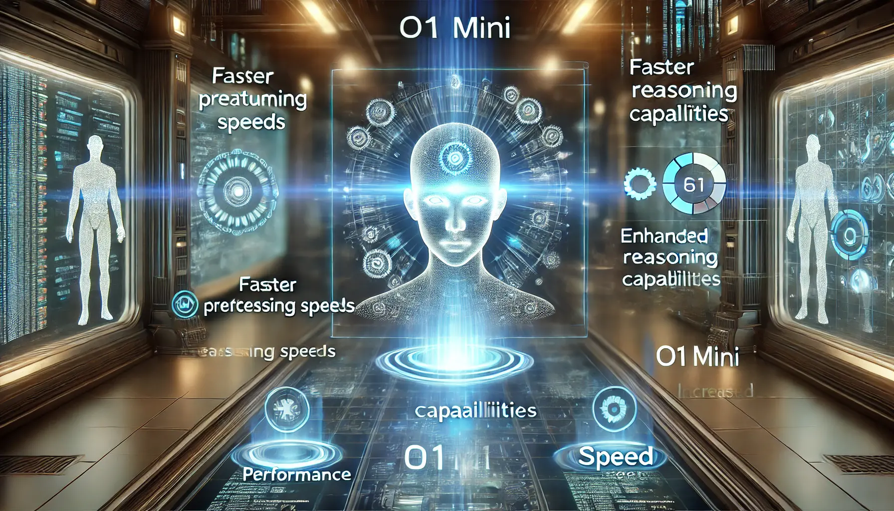 A futuristic AI system undergoing continuous development with digital interfaces showing progress in performance, speed, and reasoning capabilities.