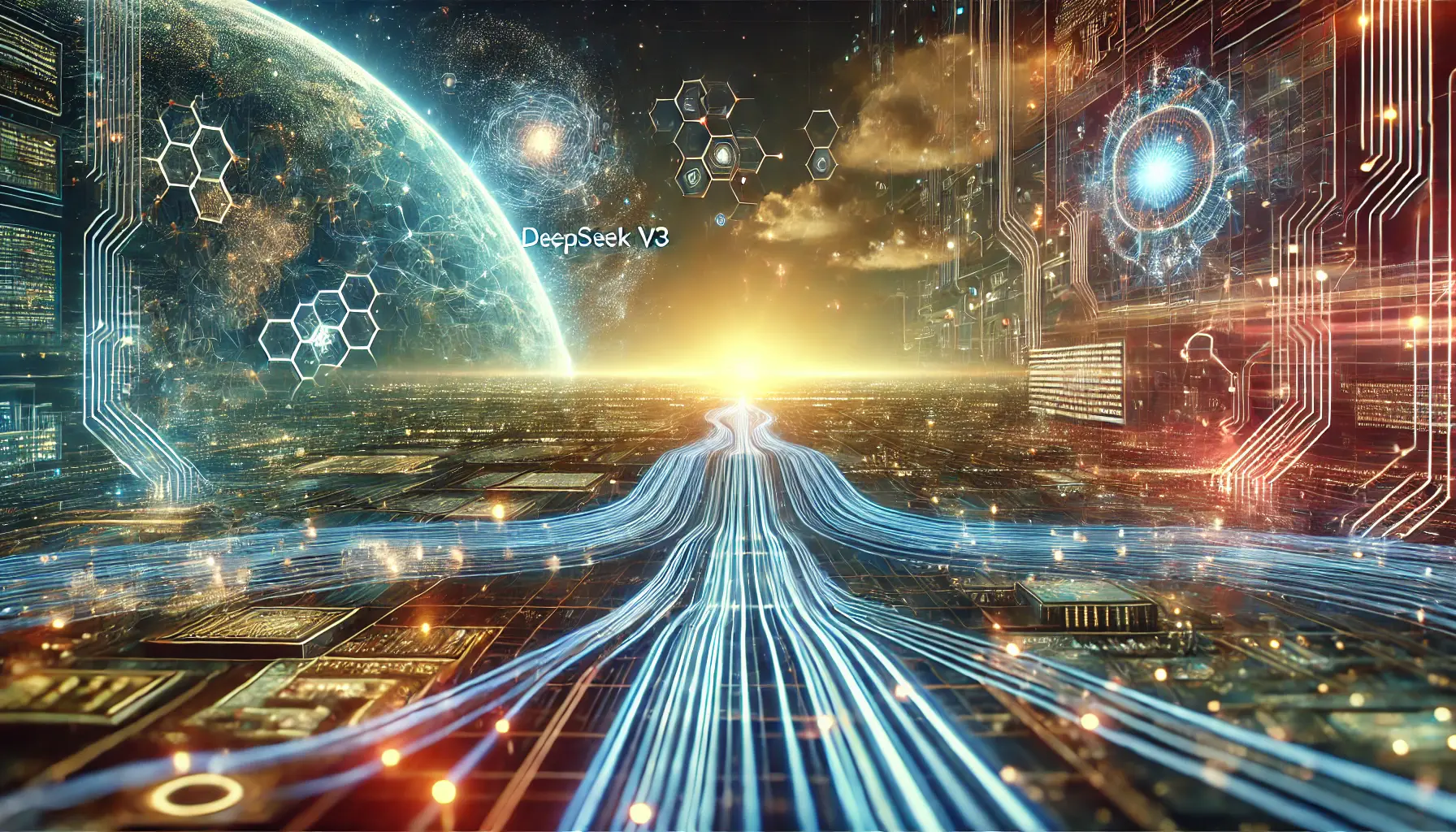 A futuristic visualization showing a glowing digital horizon with data streams and interconnected neural networks symbolizing AI's future growth and opportunities.