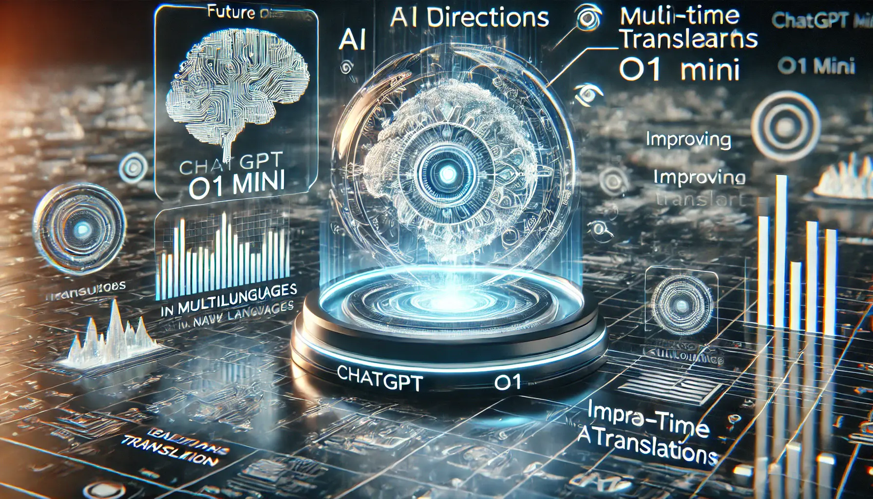 A futuristic digital scene depicting the future advancements and potential improvements of ChatGPT o1 Mini, including evolving neural networks and expanding language support.