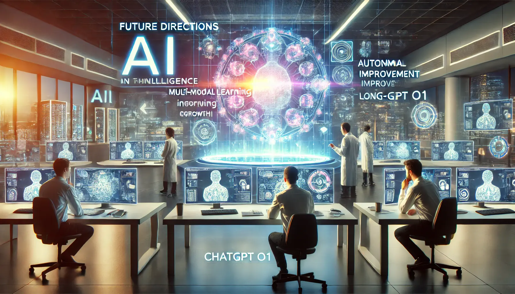 A futuristic AI development lab focusing on the future directions of ChatGPT o1 in artificial intelligence growth, with holographic visualizations of evolving AI capabilities.