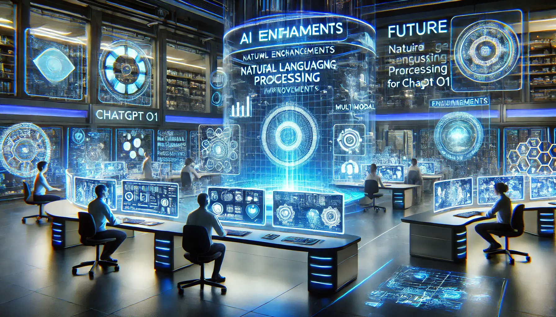 A futuristic AI lab with engineers interacting with holographic displays showing future enhancements for ChatGPT o1, such as advanced natural language processing and multimodal capabilities.