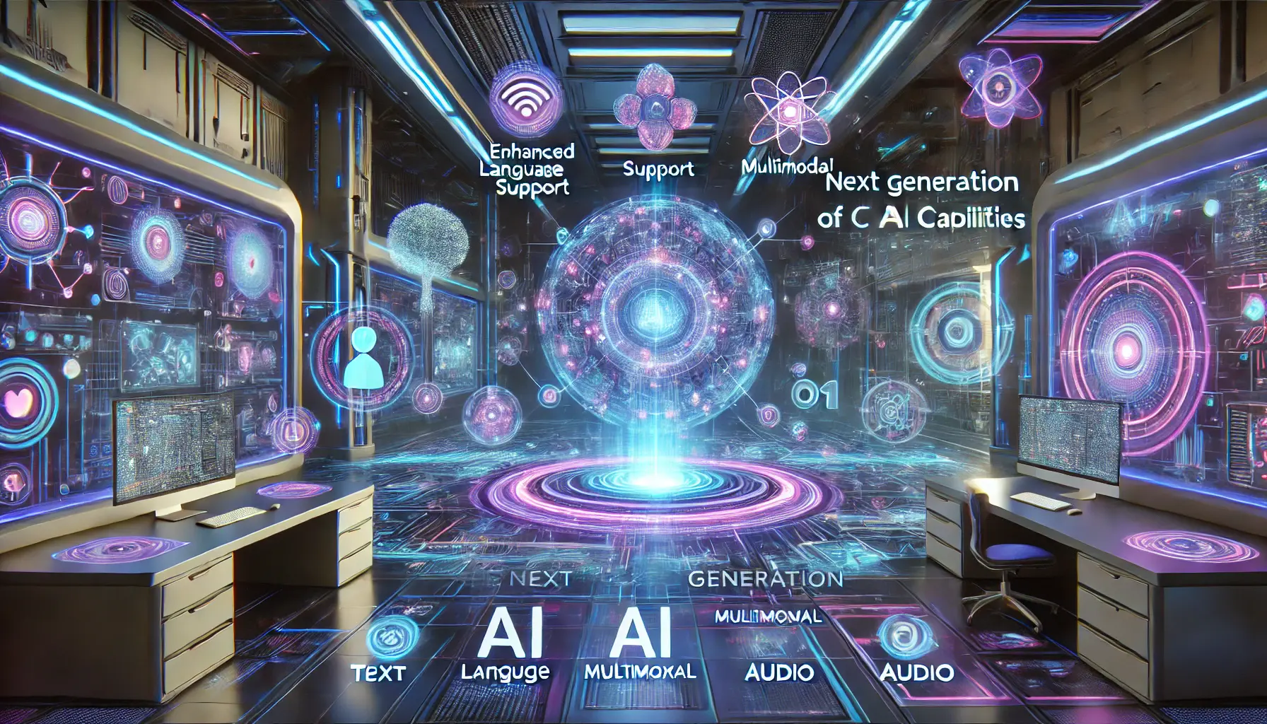 A futuristic environment showcasing new AI capabilities, such as enhanced language support, multimodal abilities, and improved processing power.