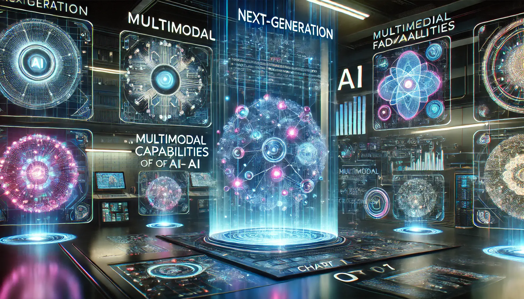 A futuristic digital lab showcasing next-generation AI features, including multimodal capabilities for text, images, and audio.