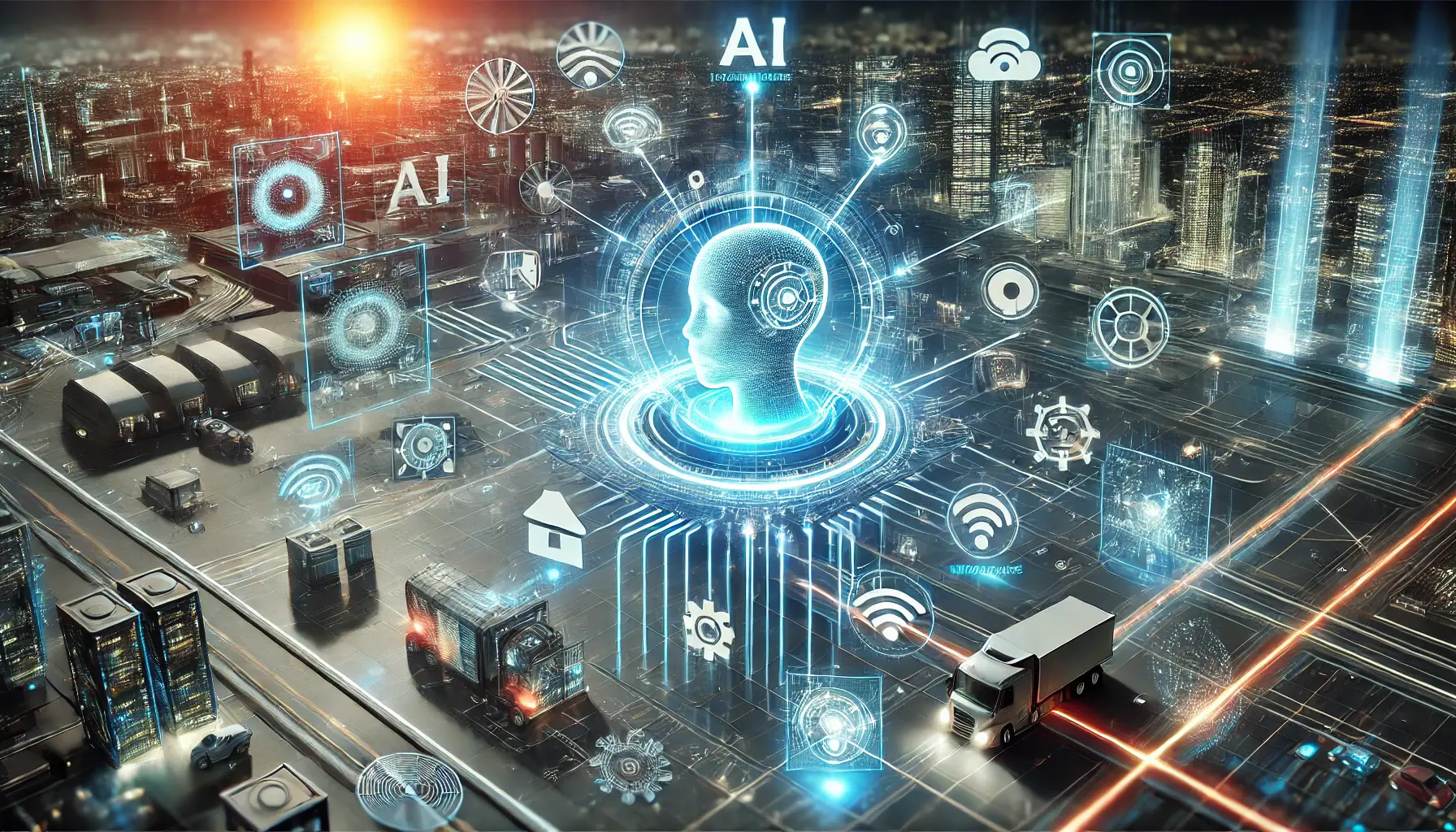 An advanced AI interface with glowing data streams connecting to smart homes, autonomous vehicles, and industrial machinery in a futuristic cityscape.