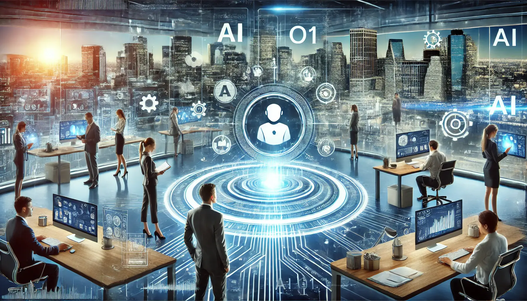 A futuristic business environment showcasing the role of AI, specifically ChatGPT o1, in shaping the future of business.