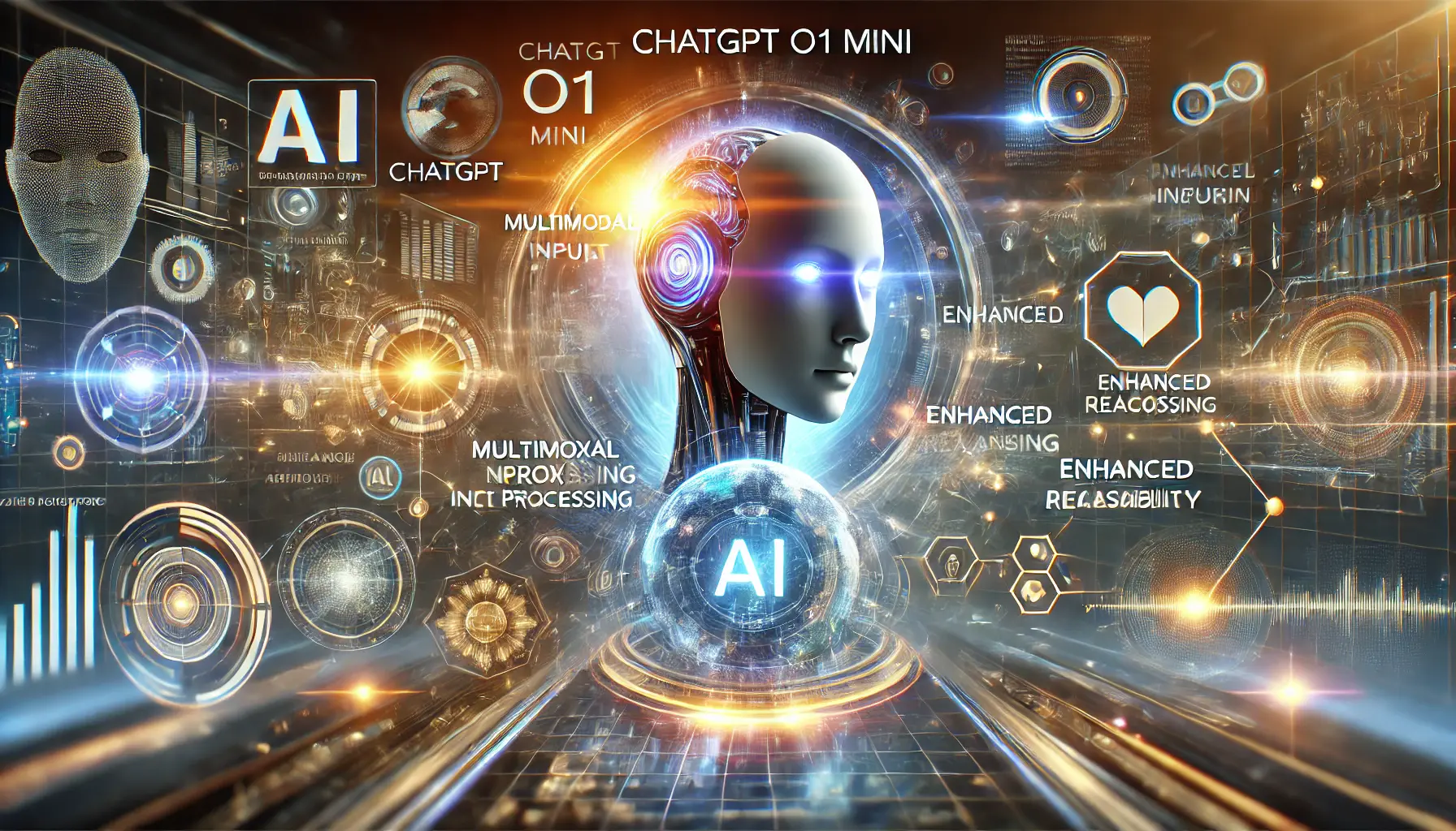 A futuristic vision of ChatGPT o1 Mini's development, highlighting advanced AI features like multimodal input processing and enhanced reasoning.