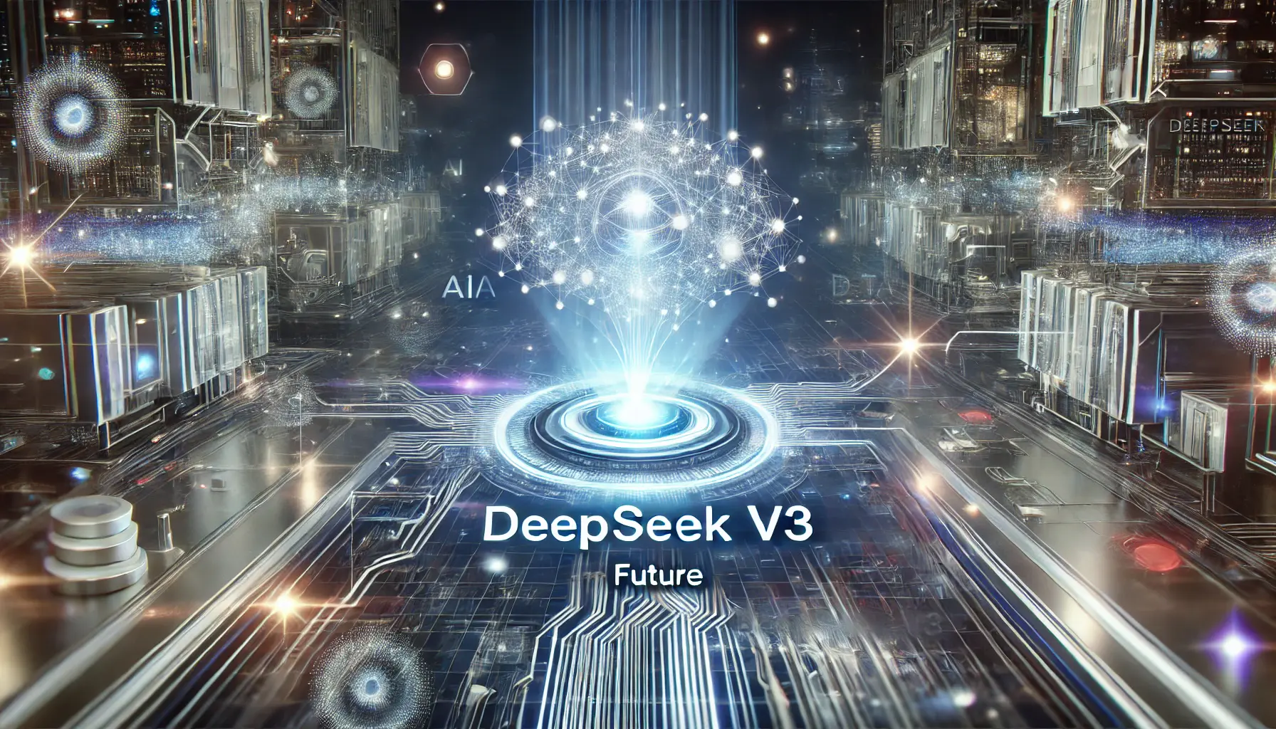 A futuristic digital environment illustrating the future of DeepSeek v3 and the potential of AI innovation, with glowing neural networks and data streams.