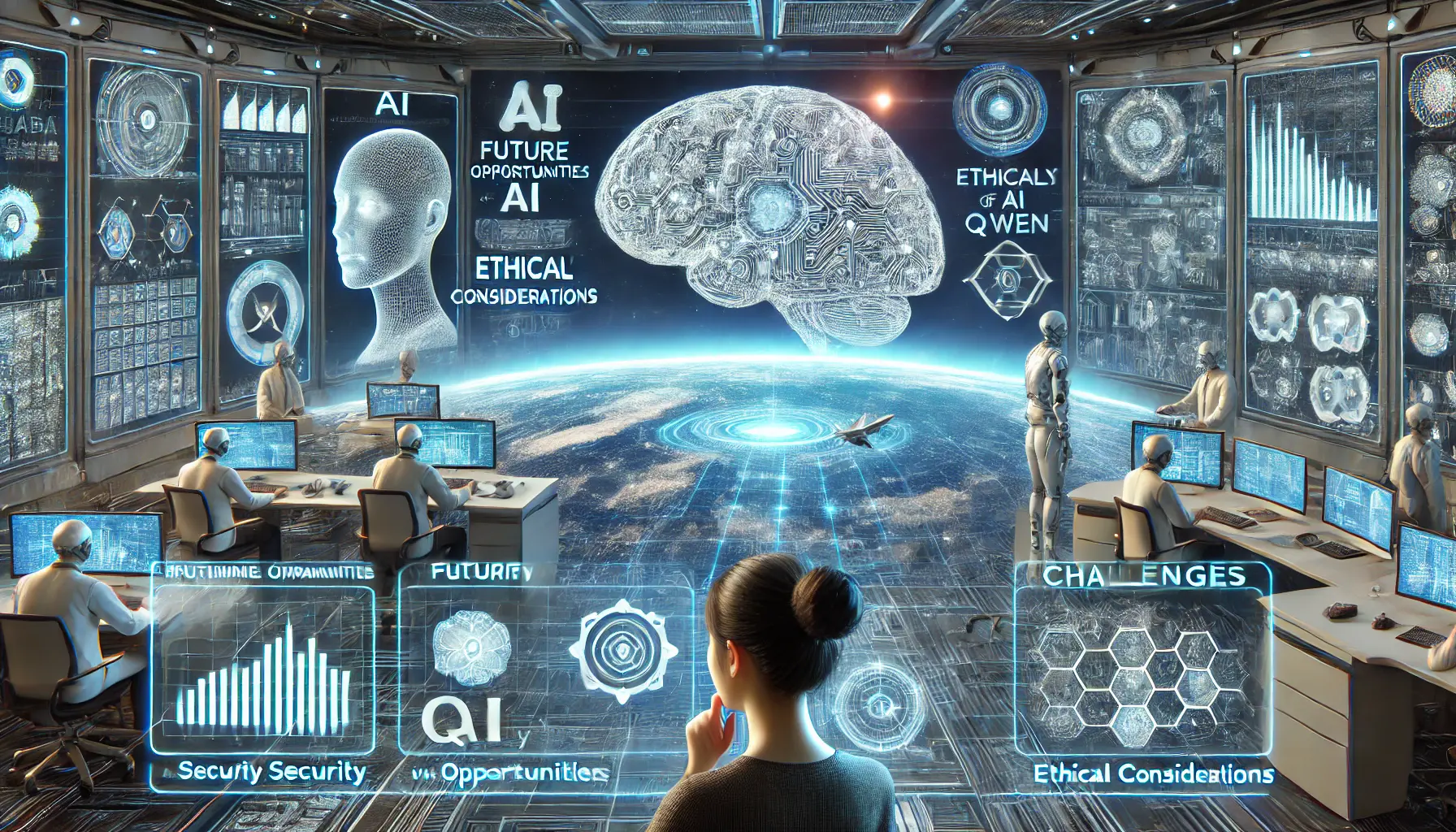 A futuristic AI control room where scientists analyze performance and plan developments for Qwen. Holographic displays represent opportunities and challenges like security, ethical considerations, and scalability.