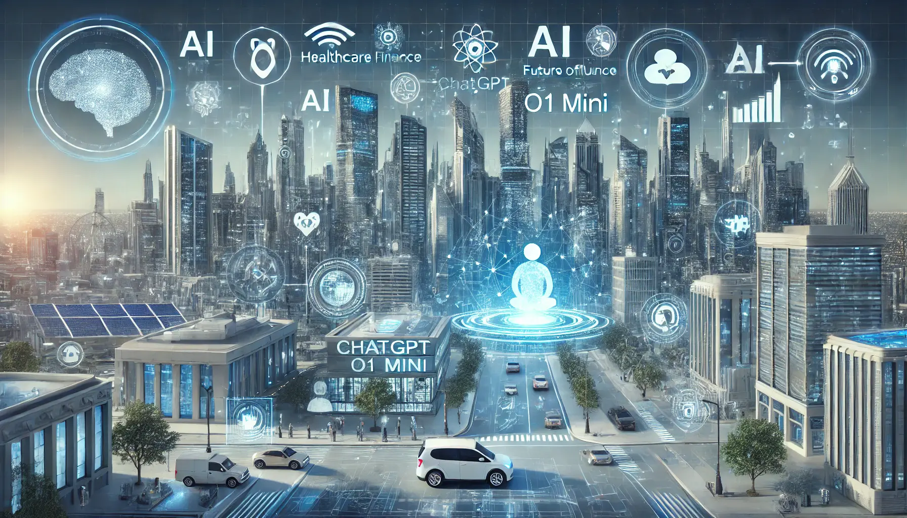 A futuristic cityscape showing the influence of AI in healthcare, finance, education, and customer service, with holograms and advanced technology.