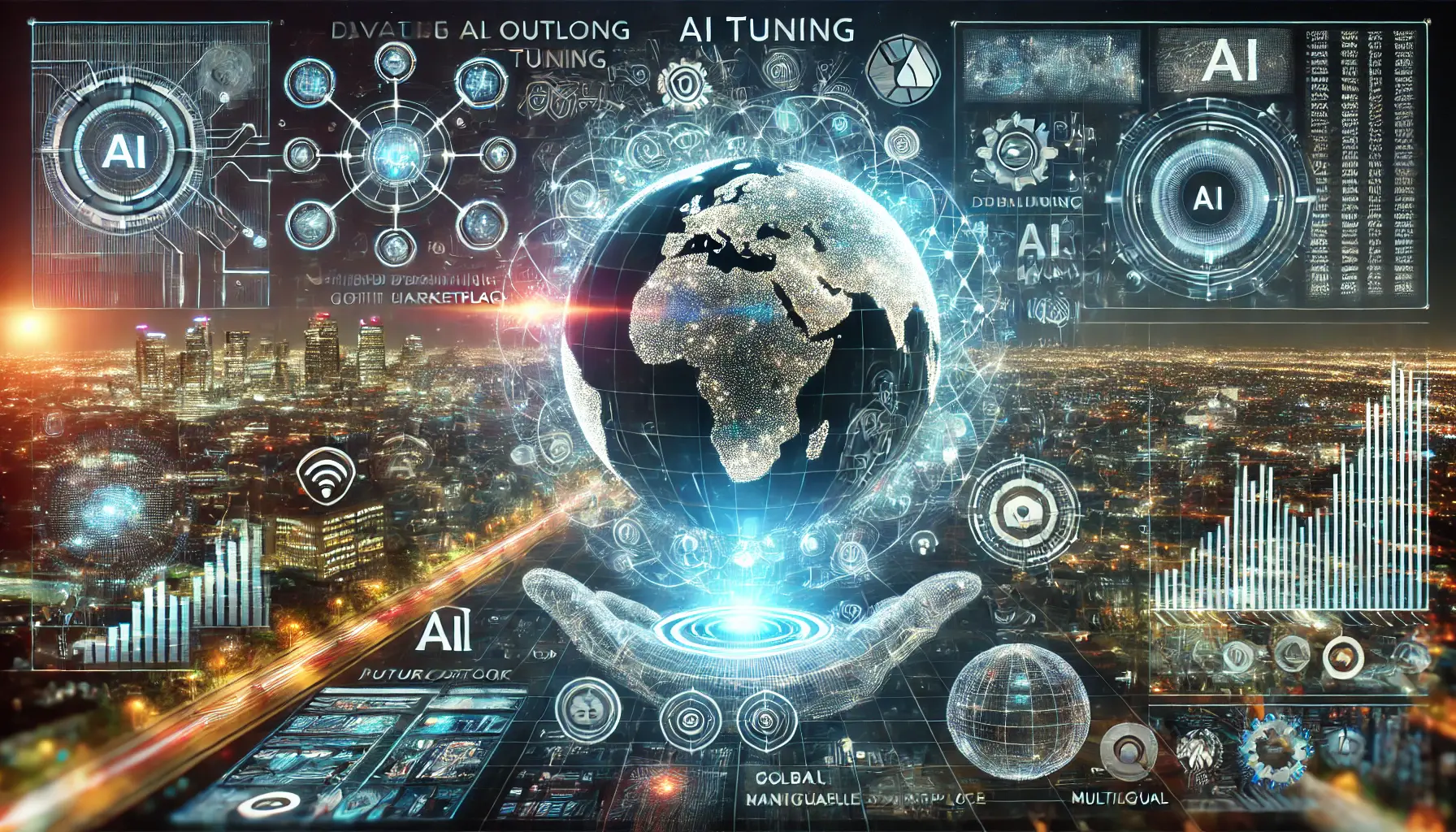 A futuristic digital scene showing AI systems optimizing and adapting for the global marketplace, with neural networks and global data flows.