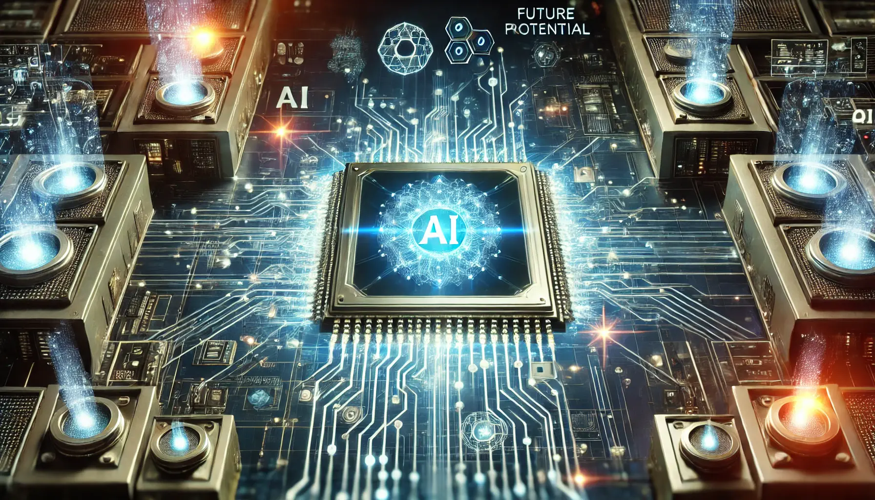 A futuristic digital scene depicting the future potential and continuous enhancements of AI technology, with a glowing processor and evolving holographic data streams.