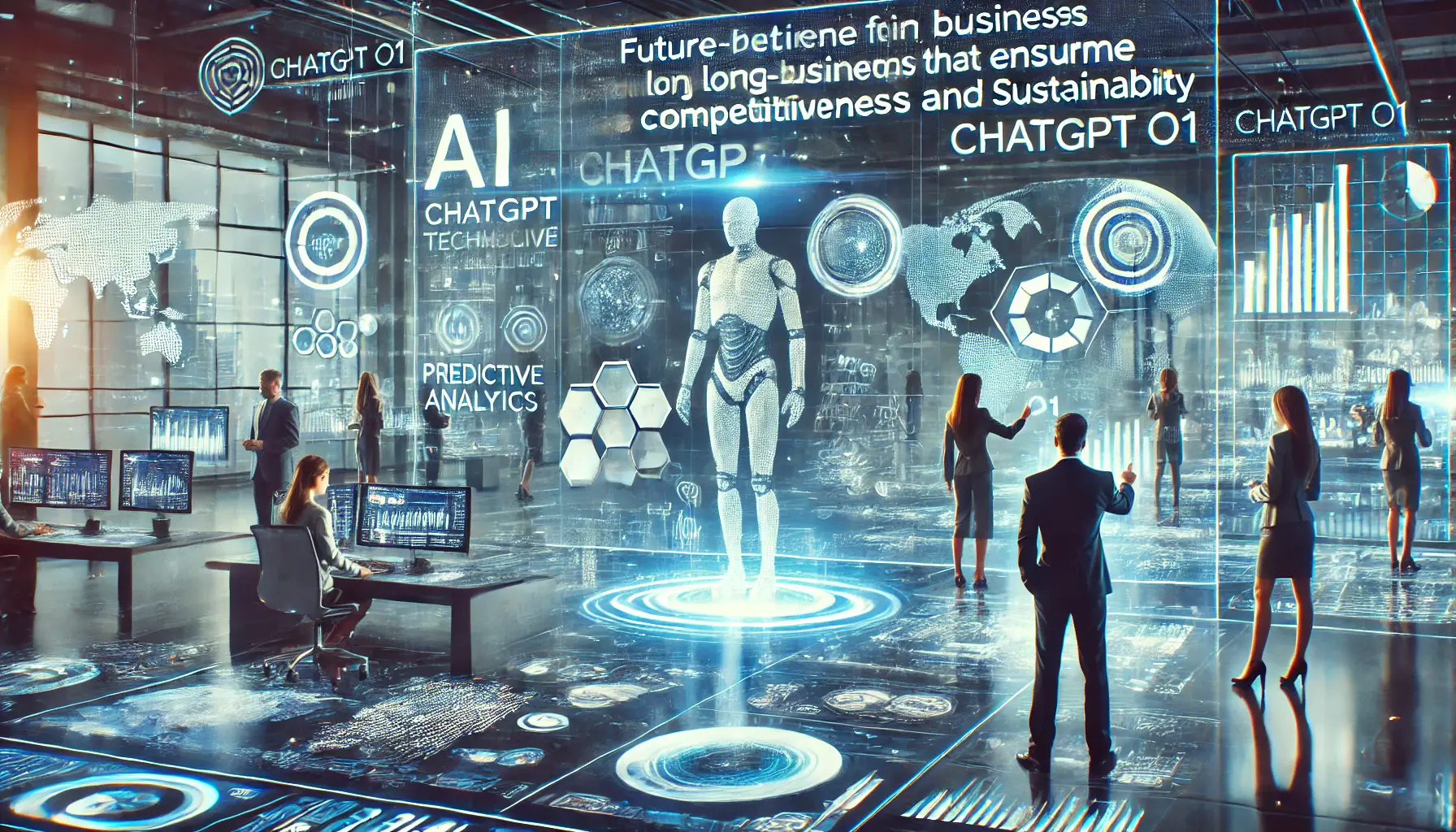 A futuristic business environment where ChatGPT o1 helps businesses prepare for the future with AI-driven strategies and predictive analytics.