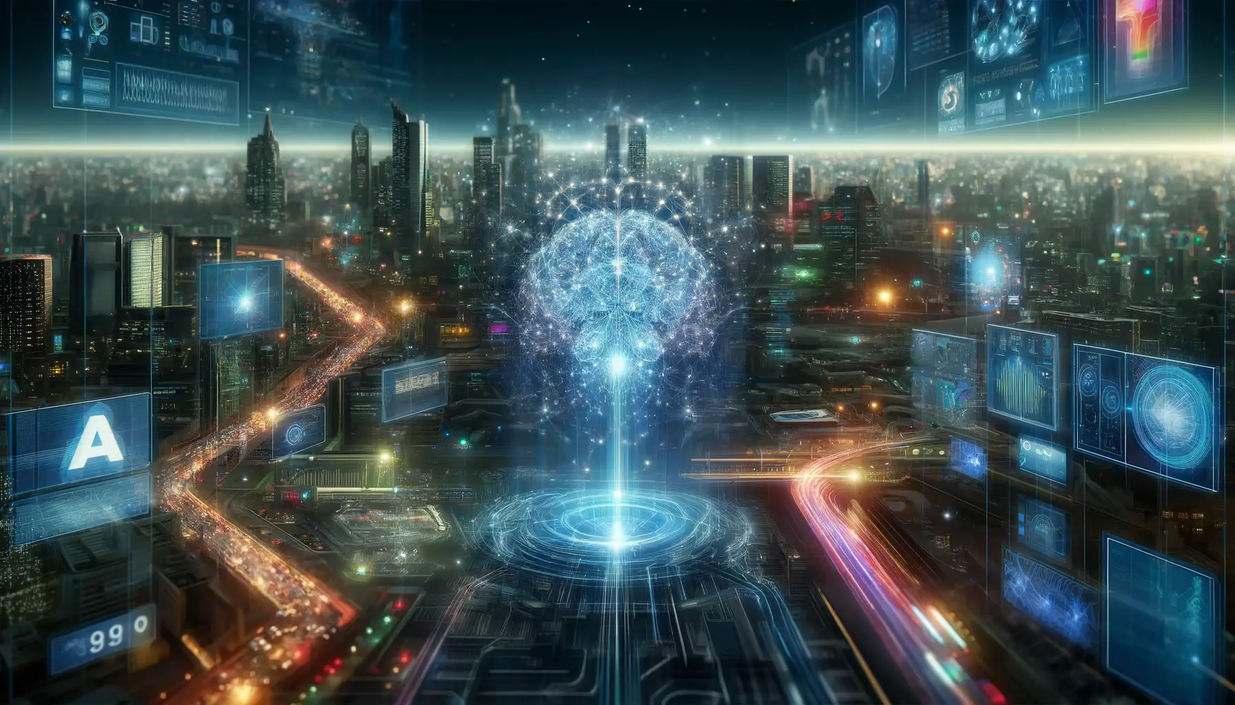 A futuristic depiction of AI’s future prospects, showcasing DeepSeek v3 at the forefront of technological advancements in a smart city setting.