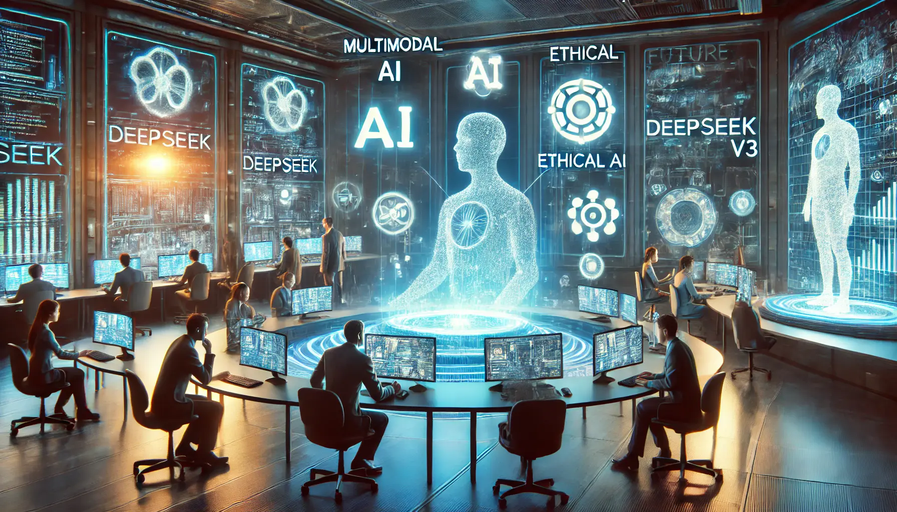 A futuristic AI laboratory or control room showcasing future advancements in DeepSeek v3, including multimodal AI and ethical AI development.