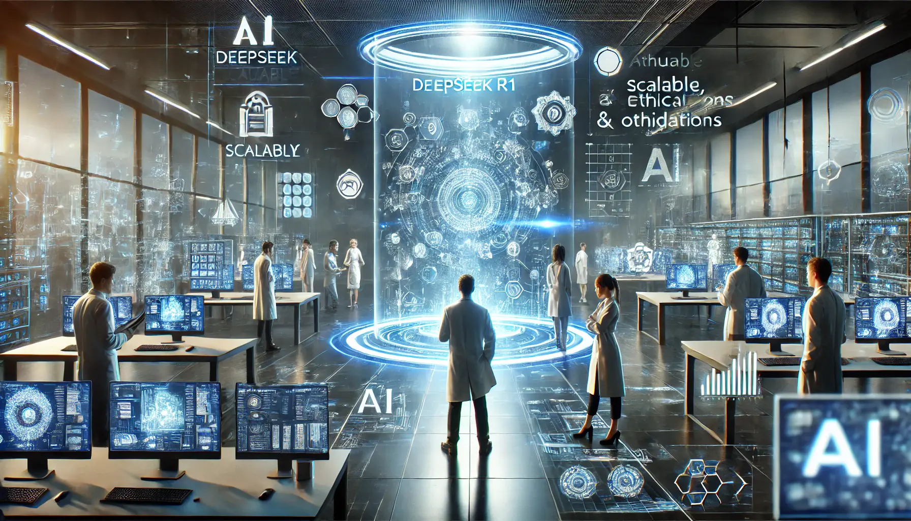 A futuristic lab with researchers analyzing a holographic interface visualizing the future prospects and challenges of AI development.