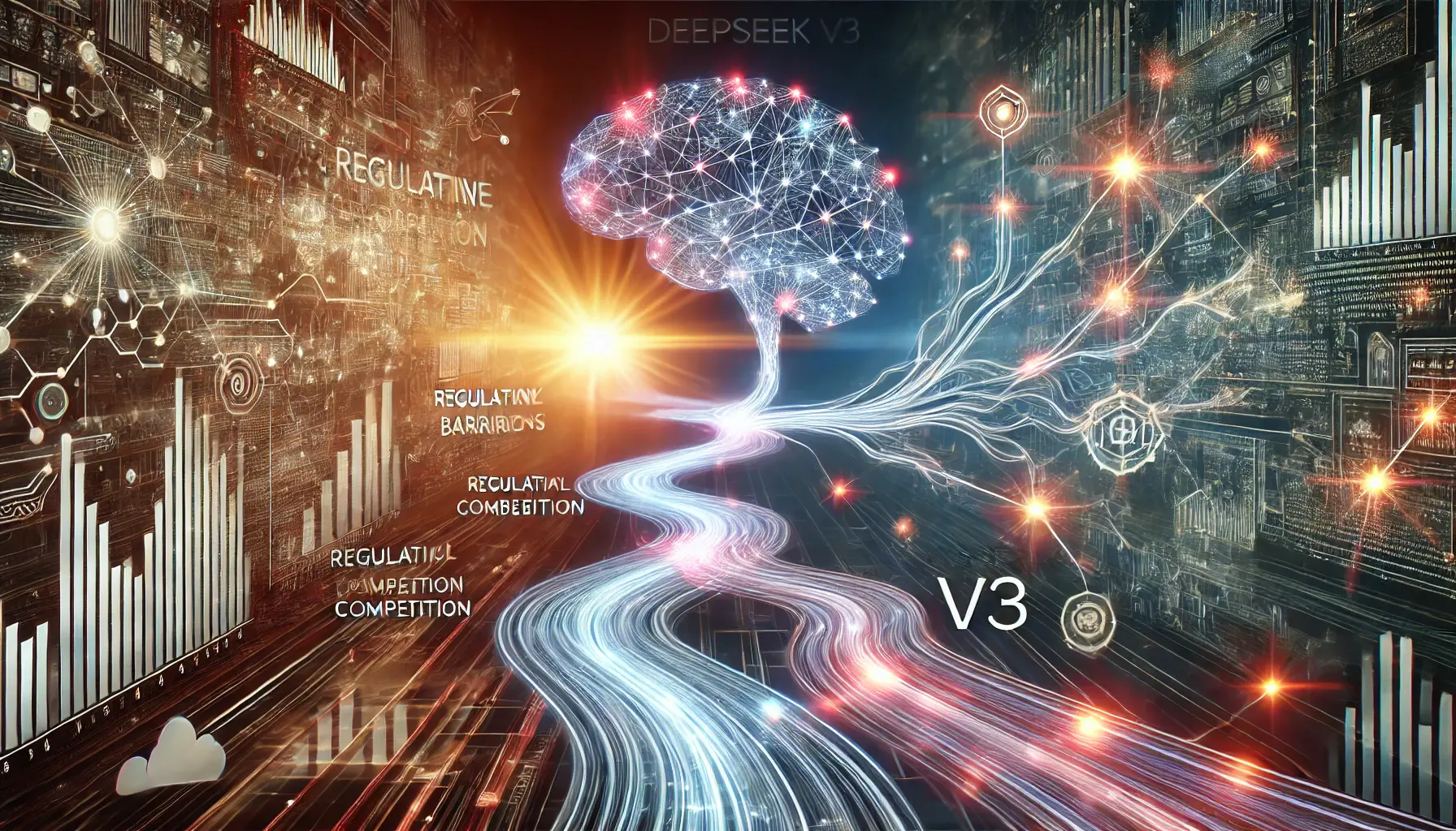 A neural network expanding toward bright pathways and obstacles, symbolizing the future prospects and challenges for DeepSeek v3.