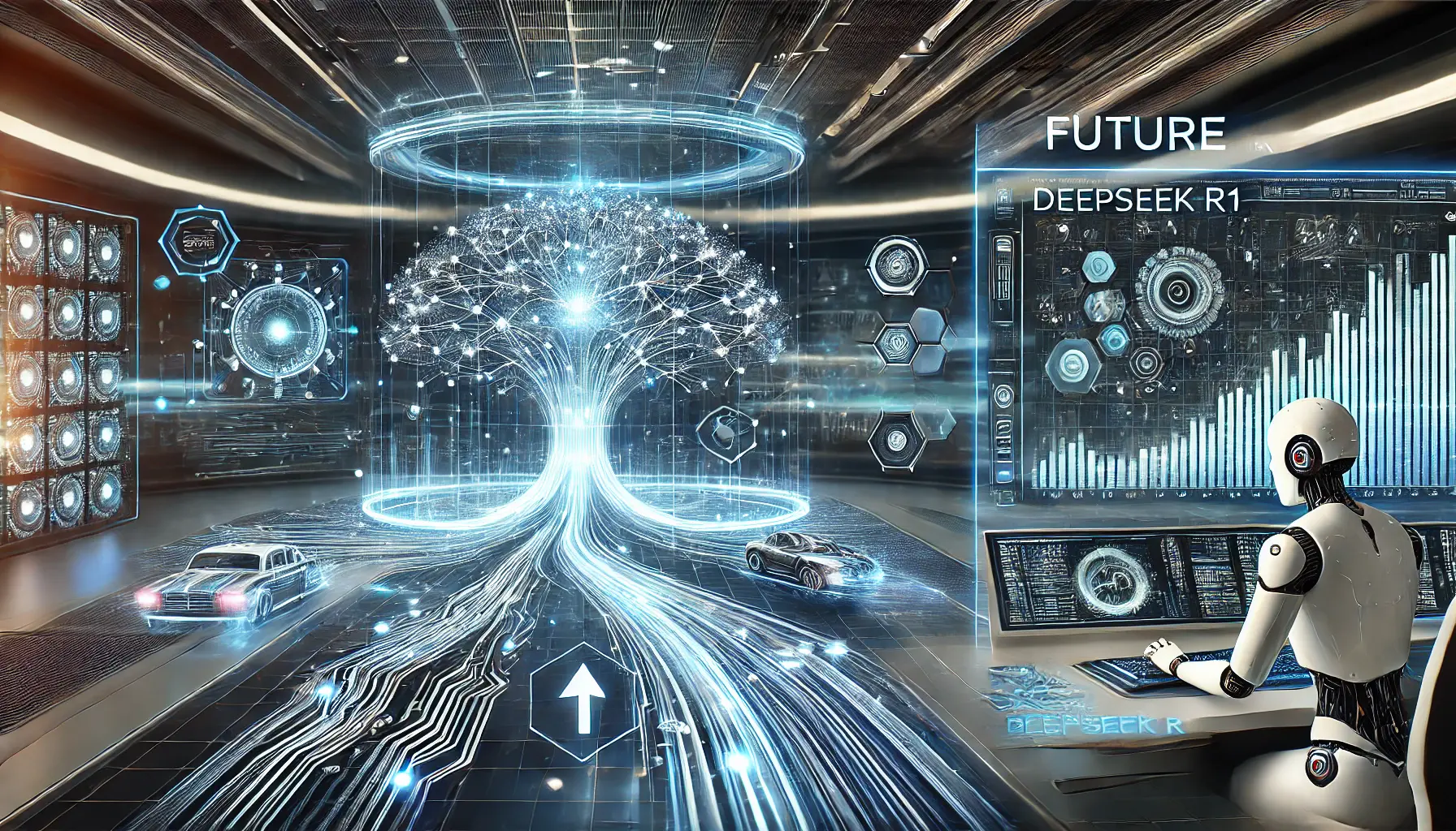 A futuristic AI system showcasing the growth and advancements of DeepSeek R1, featuring evolving neural networks and holographic data streams.