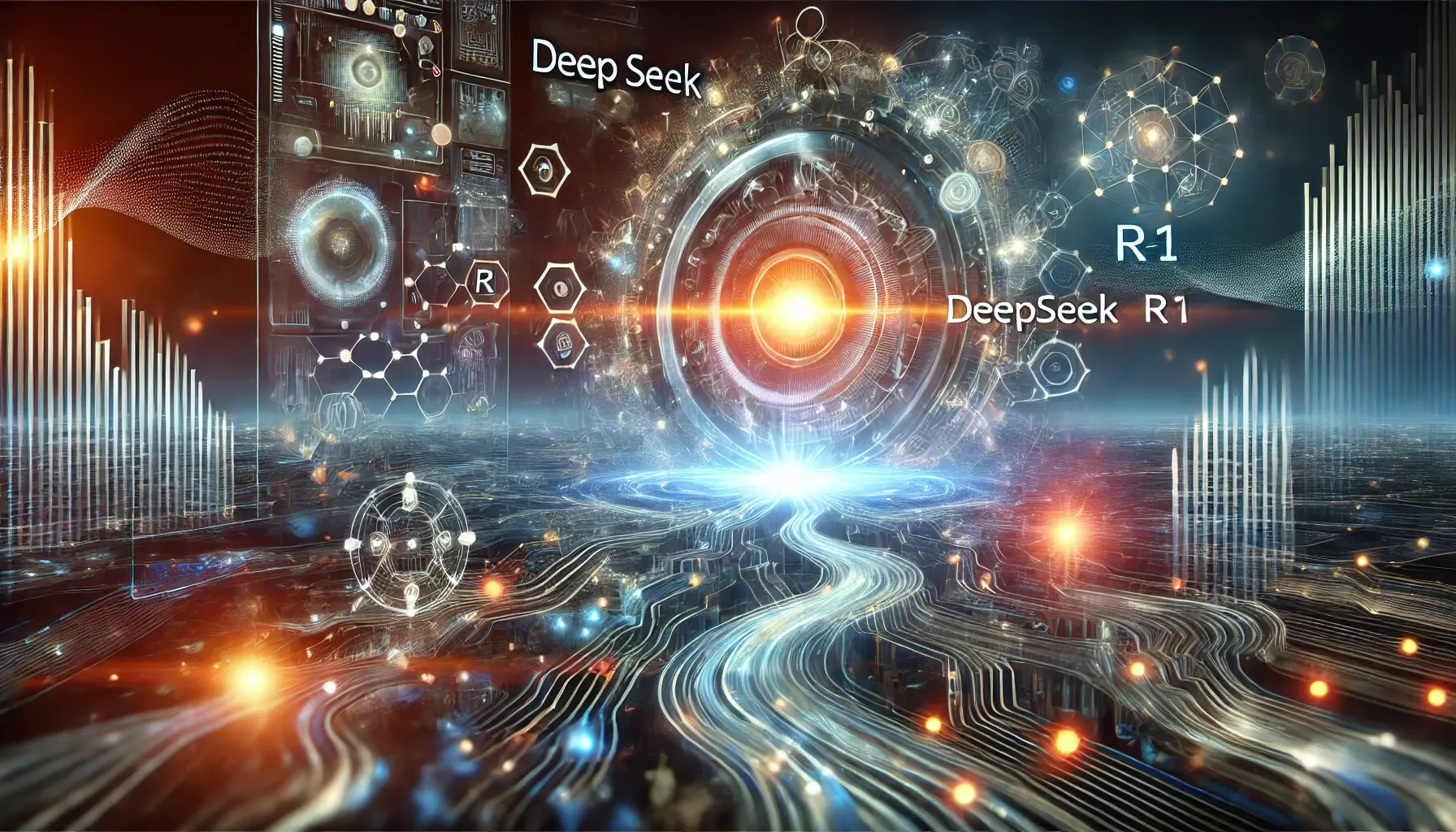 A futuristic AI system with evolving holographic elements representing advancements and the future growth of DeepSeek R1.