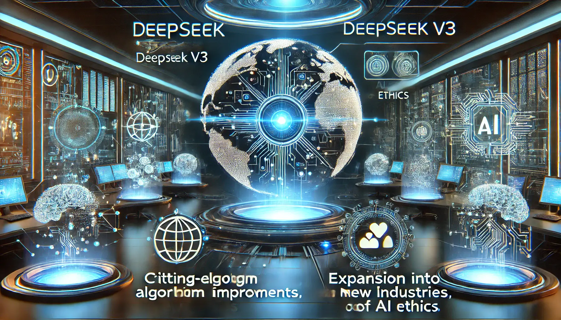 A futuristic AI research lab with holographic interfaces displaying algorithm improvements, industry expansions, and advancements in AI ethics for DeepSeek v3.