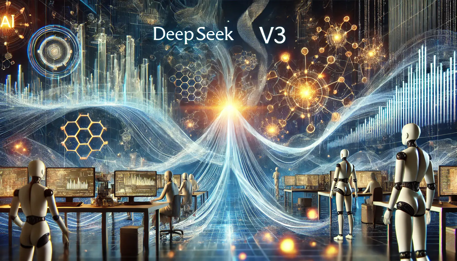 A futuristic scene depicting the future prospects and developments for DeepSeek v3, with evolving neural networks and data streams.