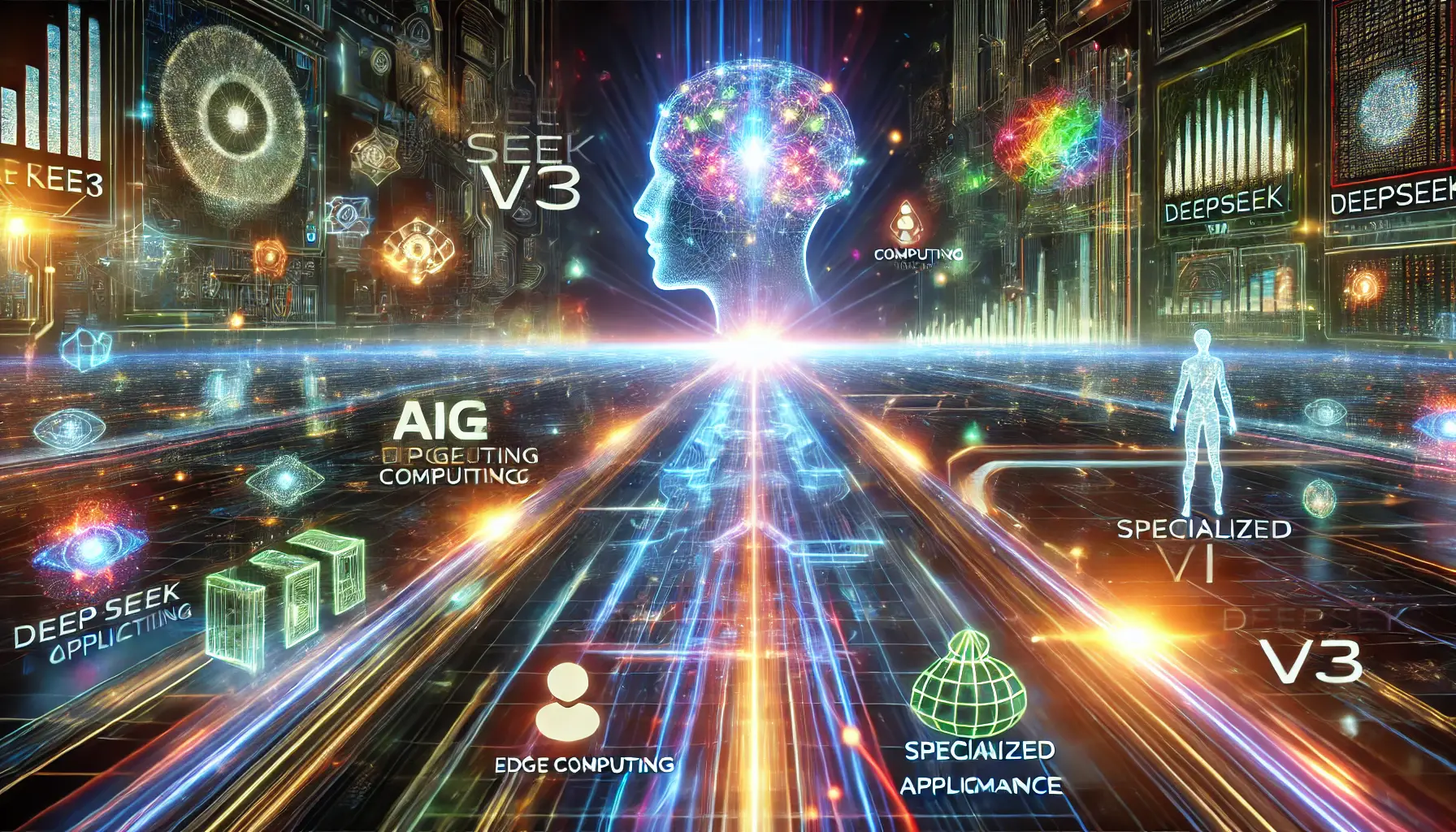 A futuristic visualization of the future prospects for DeepSeek V3, featuring glowing pathways leading to AI innovations like edge computing and specialized applications.