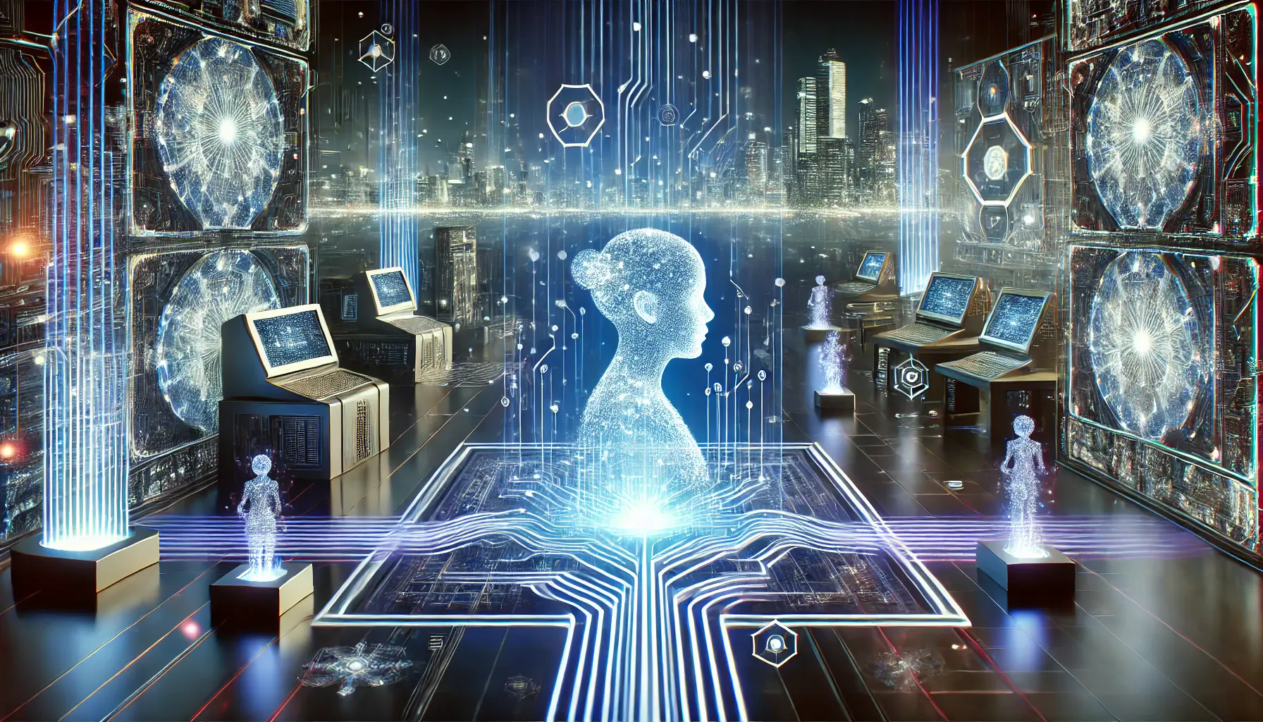 A futuristic depiction of DeepSeek R1’s future prospects and developments, showing an evolving AI model with expanding neural networks and futuristic cityscapes in the background.