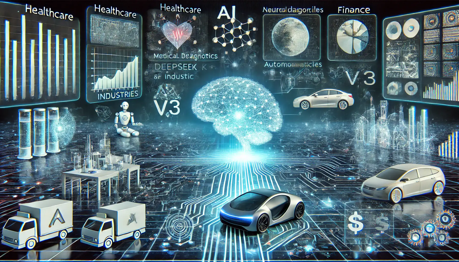 A futuristic AI system interacting with healthcare, automotive, and finance industries, demonstrating its broad impact.