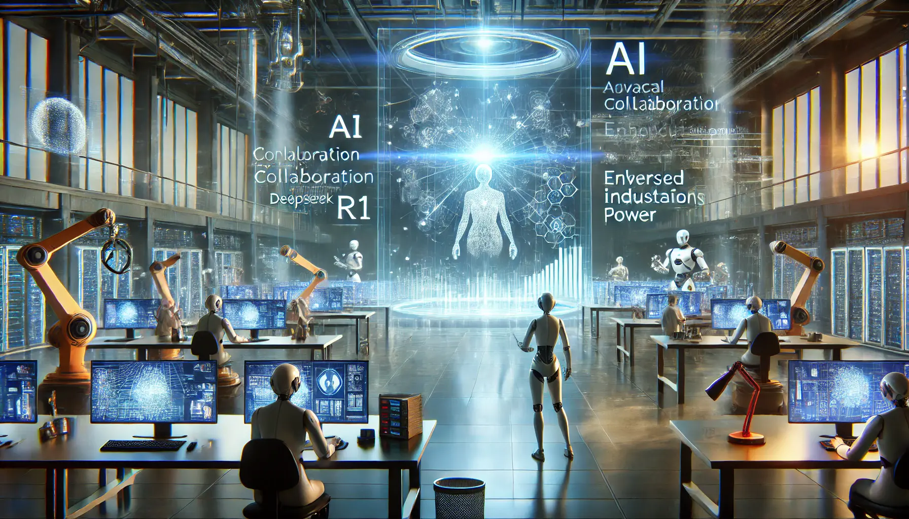 A futuristic AI development lab where researchers are optimizing DeepSeek R1 with holographic displays showing growth opportunities in global collaboration and diverse industry applications.